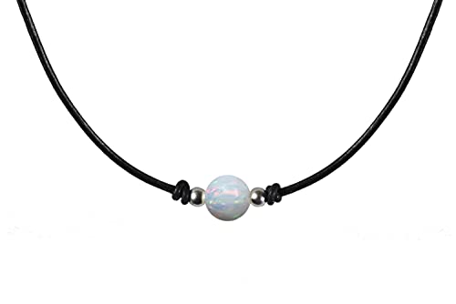 Hochwertiger runder Weißer Opal 8 mm mit Ziegenleder Damen-Kette und mit 925 Sterling Silber Kugeln und Verschluss (42) von Edellis