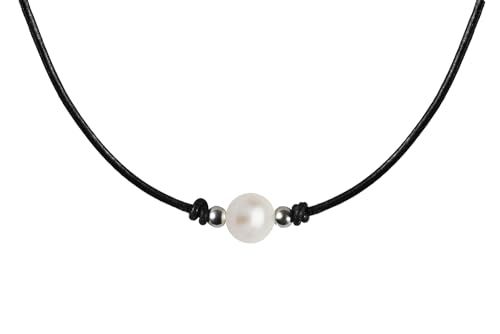 Pearls Ziegenleder Damen-Kette 925 Sterling Silber Hochwertige Süßwasser-Zuchtperlen in ca. 9 mm Rund weiß Lederkette mit echten Perle weiss (45 cm) von Edellis