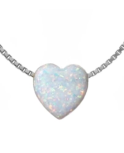 Weiße Opal Herz Halskette mit weiß rhodinierter 925 Sterling Silber Venezianer Box Kette | Herz Halskette | Weiße Opal Schmuck | Herz Schmuck | Länge 42-48 cm (45) von Edellis