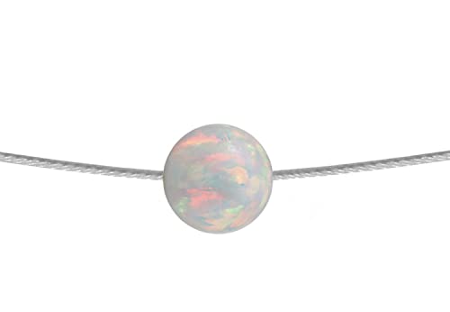Weißer Opal-Kugel Halskette mit Edelstahl Collier Halsreif Versilbert | Weißer Opal Schmuck | Eleganter Anhänger für Stahlreif | Länge wählbar (42) von Edellis