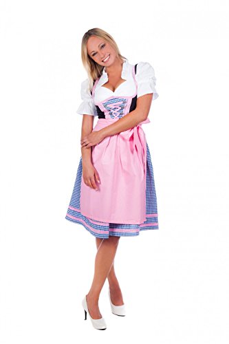 Bayerische Damen Midi Dirndl Kleid 3-teilig mit Schürze und Bluse pink blau karierte, 10, Rosa - 36 von Edelnice Trachtenmode