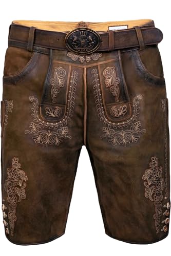 Edelnice Trachtenmode Bayerische Traditionelle Kurze Lederhose Marcel aus Ziegenleder mit aufgesetzer Stickerei inkl. Gürtel Gr. 60 von Edelnice Trachtenmode