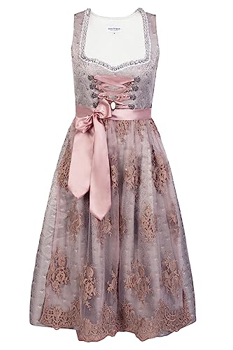 Edelnice Trachtenmode Langes Dirndl 2-teilig Aurelie Silber und Rose mit Spitzenschuerze in verschiedenen Größen (32-56) (as3, Numeric, Numeric_38, Regular, Regular) von Edelnice Trachtenmode