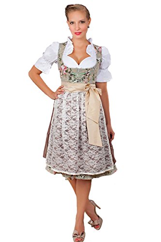 Edles Midi Dirndl 2-tlg. Blumen exclusive inkl. Spitzen Schürze Gr. 32-52, Braun, 32 von Edelnice Trachtenmode