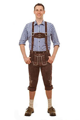 Herren Trachten Kniebundhose Hannes aus feinstem Rindsveloursleder mit edler Stickerei und Hosenträgern, schwarz, mittelbraun oder Dunkelbraun, Gr. 44-64 (48 (86-89cm), Dunkelbraun) von Edelnice Trachtenmode