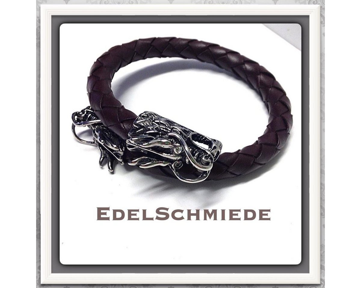 Edelschmiede925 Armreif mit 2 Drachenköpfen und braunem Leder (k. A) von Edelschmiede925