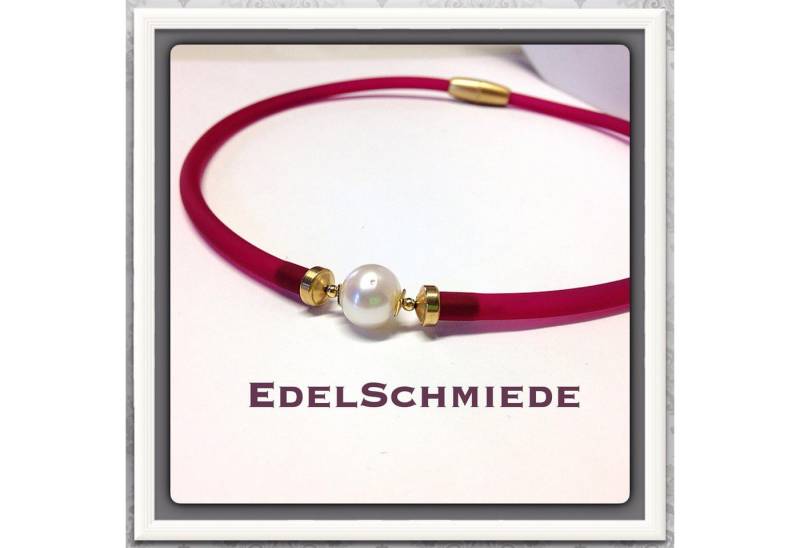 Edelschmiede925 Collier Edelschmiede925 pinkes Kautschukband mit echter Perle weiß 47cm von Edelschmiede925