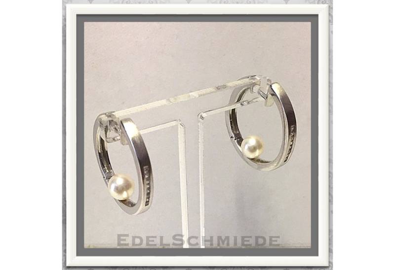 Edelschmiede925 Paar Creolen matt 925 Silber rhodiniert echte Perle Zirkonia Scharniercreole von Edelschmiede925