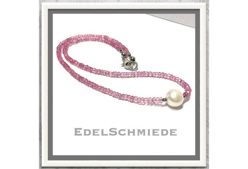 Edelschmiede925 Kette ohne Anhänger Pink Topas Kette + weiße Perle 925 Silber 44 cm Collier Edelstein von Edelschmiede925