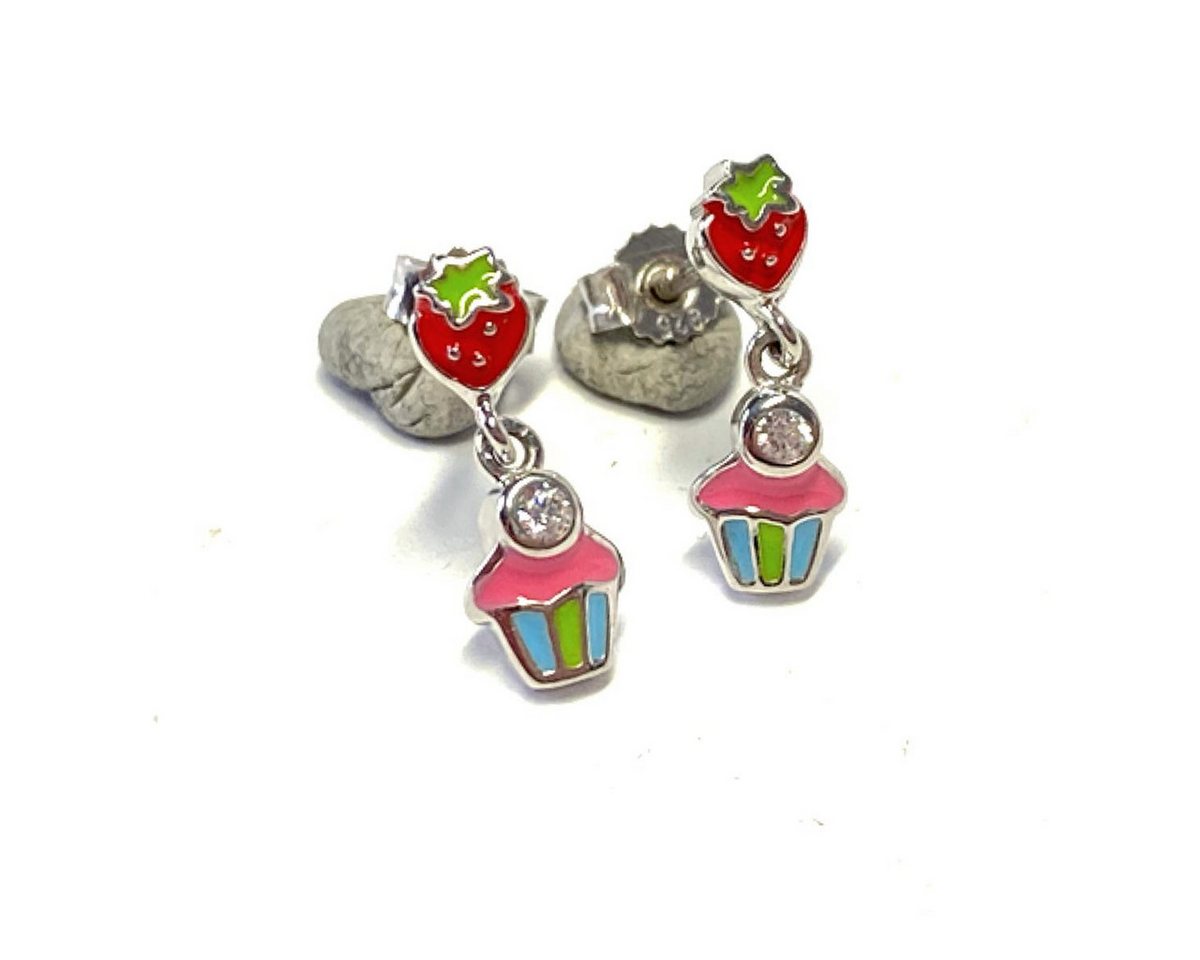 Edelschmiede925 Ohrstecker-Set kleine Erdbeere mit CupCake als Ohrstecker in 925/- Sterling farbig von Edelschmiede925