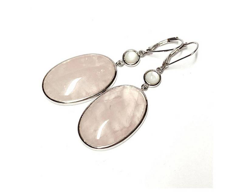 Edelschmiede925 Ohrstecker-Set üppige Rosenquarz Ohrhänger in 925 als ovaler Cabochon mit Perlmutt von Edelschmiede925