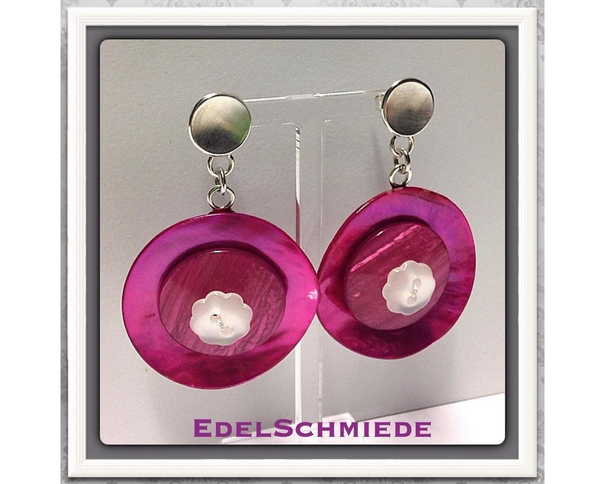 Edelschmiede925 Paar Ohrhänger Ohrringe aus 925/- Silber mit pink Perlmuttknopf (k. A) von Edelschmiede925