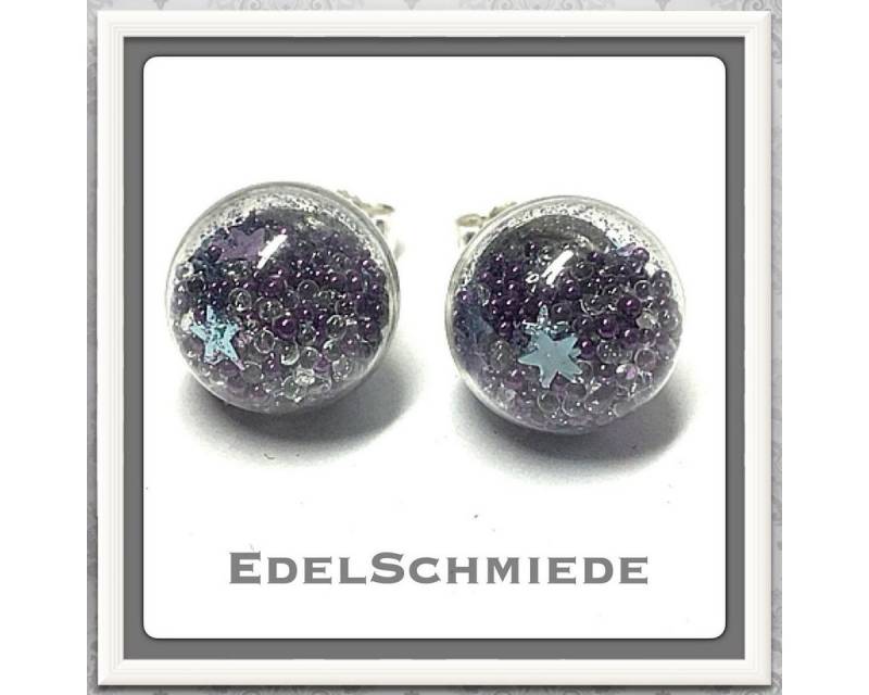 Edelschmiede925 Paar Ohrstecker Edelschmiede925 Glasperle hohl - Ohrstecker 925 Silber Glitter von Edelschmiede925