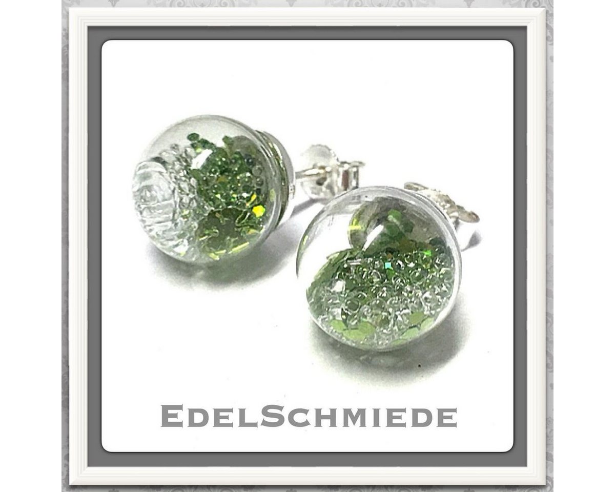 Edelschmiede925 Paar Ohrstecker Edelschmiede925 Hohlglasperle - Ohrstecker 925 Silber Glitter grün von Edelschmiede925