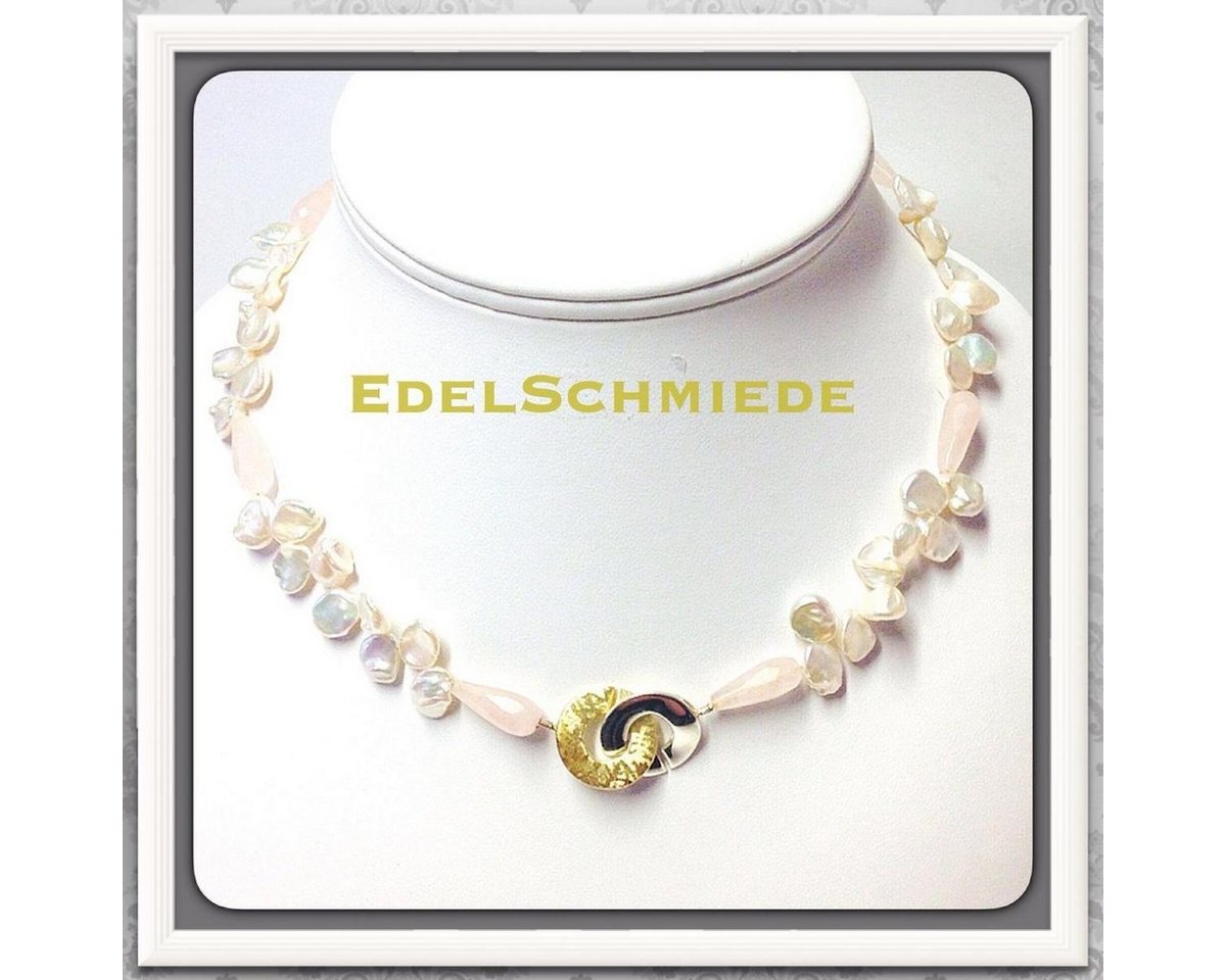 Edelschmiede925 Perlenkette Perlenkette Rosenquarz, 925 Schließe vergoldet 42cm Unikatschmuck von Edelschmiede925