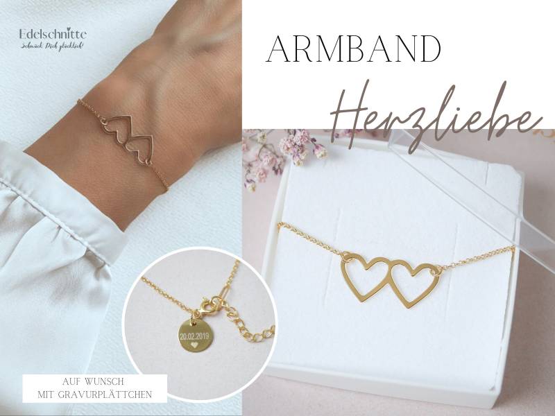 Armband „Herzliebe" 925Er Silber/Gold /Auf Wunsch Mit Gravurplättchen von Edelschnitte