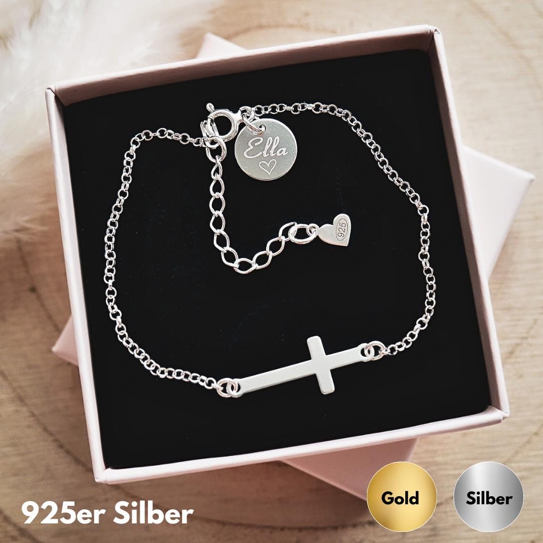 Armband „Kreuz" 925Er Silber /Auf Wunsch Mit Gravurplättchen/Kommunion Konfirmation von Edelschnitte