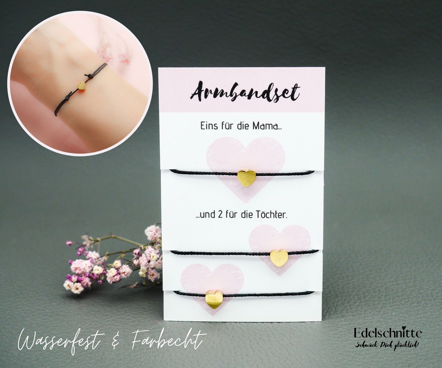 Armband "Mutter & 2 Töchter" Herz Gold/Edelstahl 23 Bandfarben Armband "Mutter & 2 Töchter" Herz Gold/Edelstahl 23 Bandfarben von Edelschnitte