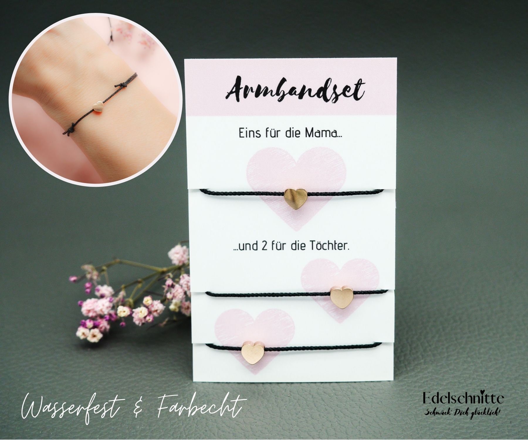 Armband "Mutter & 2 Töchter" Herz Roségold/Edelstahl 23 Bandfarben Armband "Mutter & 2 Töchter" Herz Roségold/Edelstahl 23 Bandfarben von Edelschnitte
