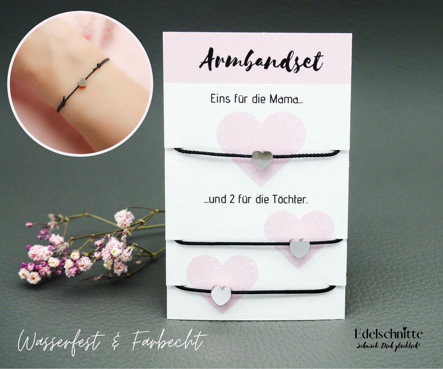 Armband "Mutter & 2 Töchter" Herz Silber/Edelstahl 23 Bandfarben Armband "Mutter & 2 Töchter" Herz Silber/Edelstahl 23 Bandfarben von Edelschnitte