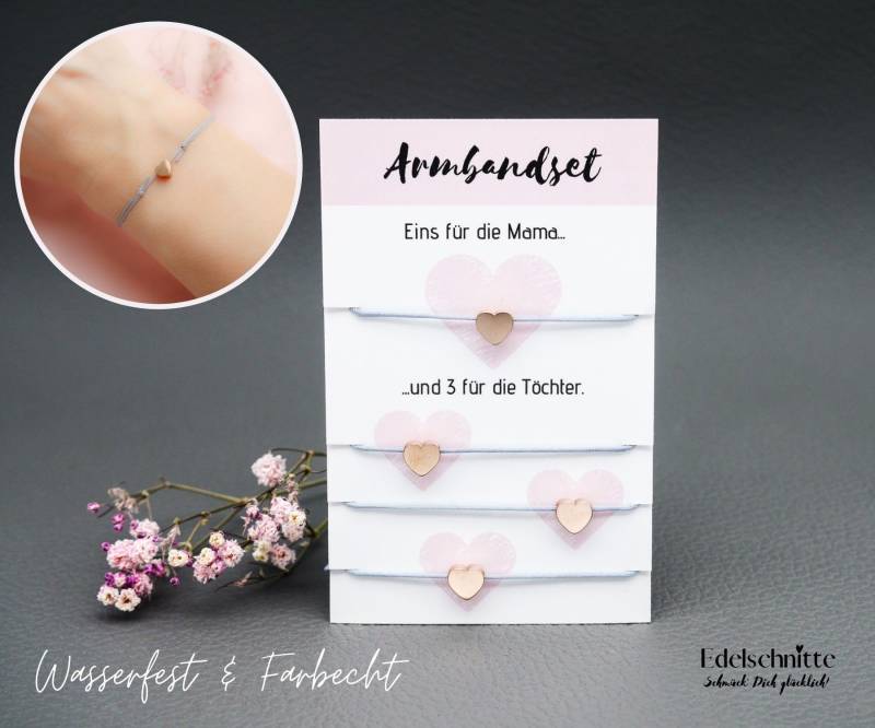Armband "Mutter & 3 Töchter" Herz Roségold/Edelstahl 23 Bandfarben von Edelschnitte