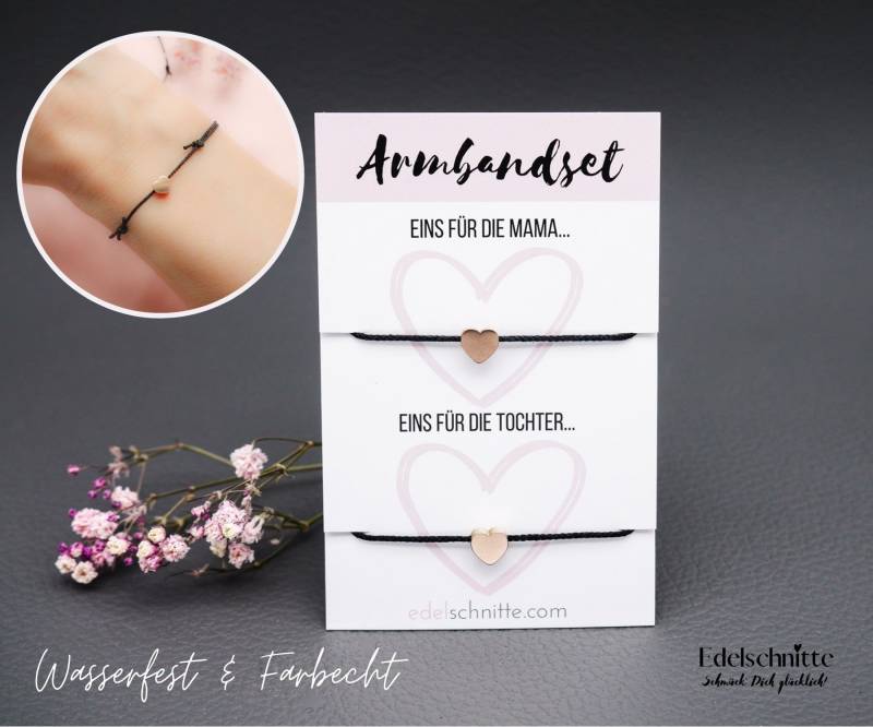 Armbandset "Mutter-Tochter" Herz Roségold/Edelstahl 23 Bandfarben Zur Wahl Zum Muttertag von Edelschnitte
