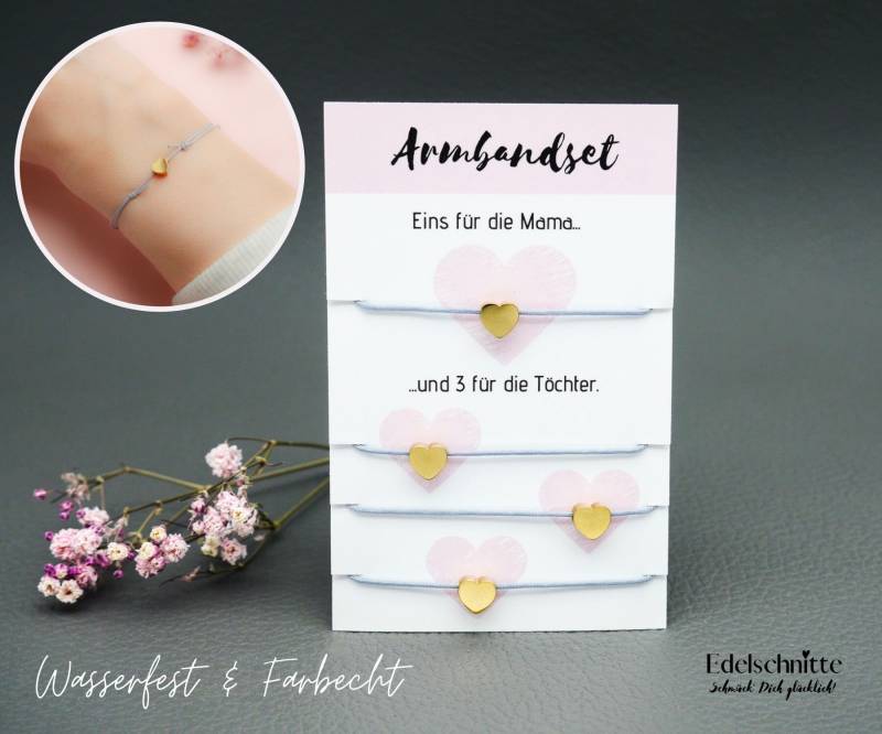 Armbandset "Mutter & 3 Töchter" Herz Gold/Edelstahl 23 Bandfarben Zur Wahl von Edelschnitte