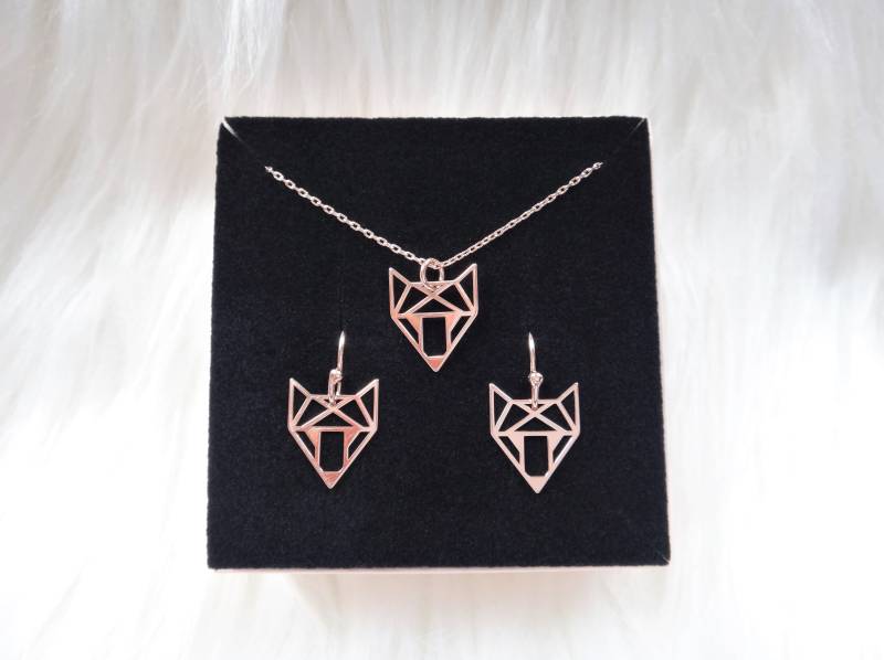 Schmuckset "Origami Fox" Halskette + Ohrhänger 925Er Silber Rosé Vergoldet Geschenkset von Edelschnitte