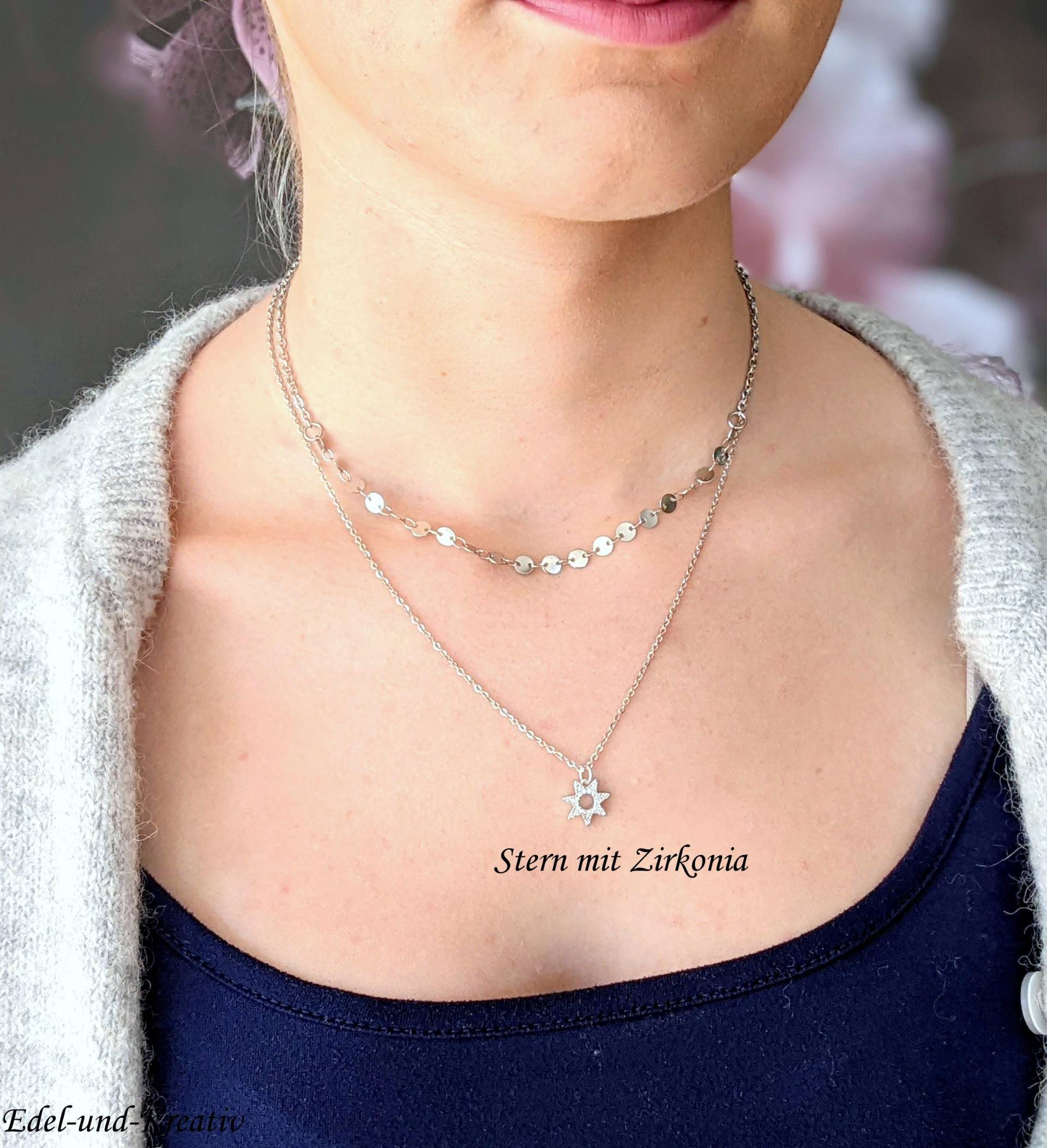 2/3-Fache Layer Halskette Silber, Edelstahl, Mehrreihige Silberkette, 2-Teilig, Stapelkette, Kügelchen, Plättchen Kette, Satellitenkette, Stern von EdelundKreativ