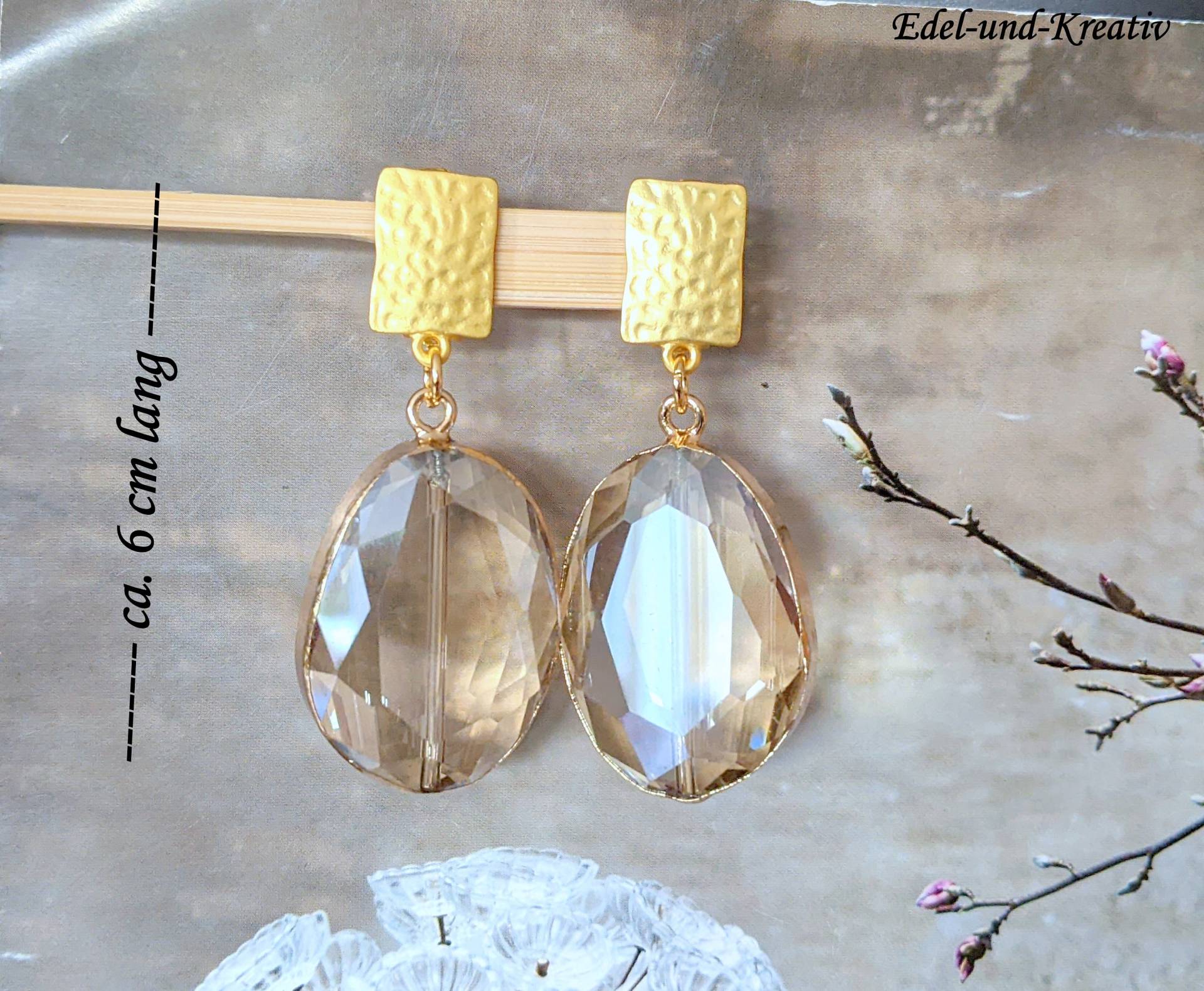 Clips Vergoldet, Champagner, Kein Ohrloch, Tropfenohrringe Xl, Clip Auf Gold, Großer Swarovski, Edle Ohrclips, Handmade, Non Pierced Ears, Matt Gold von EdelundKreativ