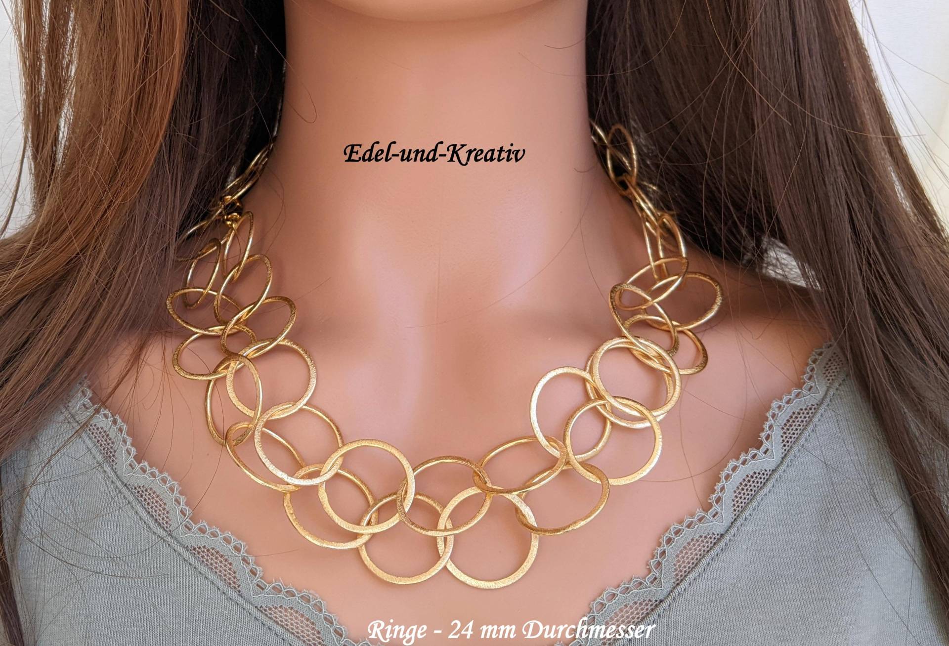 Gliederkette Gold, Runde Kreise, Matt Gebürstet, Goldringe, Collier, Kette Große Ringe, Ösenkette, Xl, Vergoldet, Wickelkette, Abendkleid, Layerkette von EdelundKreativ