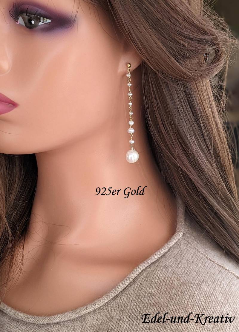 925Er Gold, Perlen Ohrringe, Hängend, Lange Silber Oder Goldohrringe, Goldohrringe Mit Echten Perlen, Sterling Silber, Stecker, Süßwasserperlen von EdelundKreativ