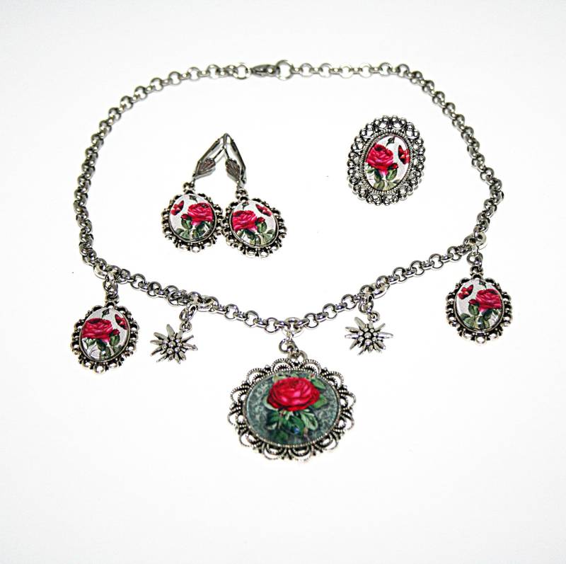 Perlenschmuck-Set/3-Teiliges Set Estehend Aus Halskette, Ohrringen Und Ring Damenschmuck Halskette Mit Anhänger Blumenanhänger von Edelweiss51Jewelry