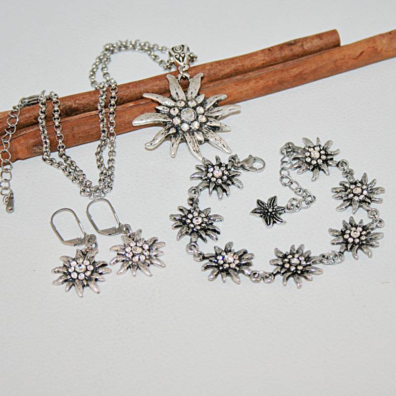 Trachtenschmuckset 3-Teilig , Halskette Mit Anhänger Trachtenarmband Ohrringe Edelweiss Blumenset Damenschmuck von Edelweiss51Jewelry