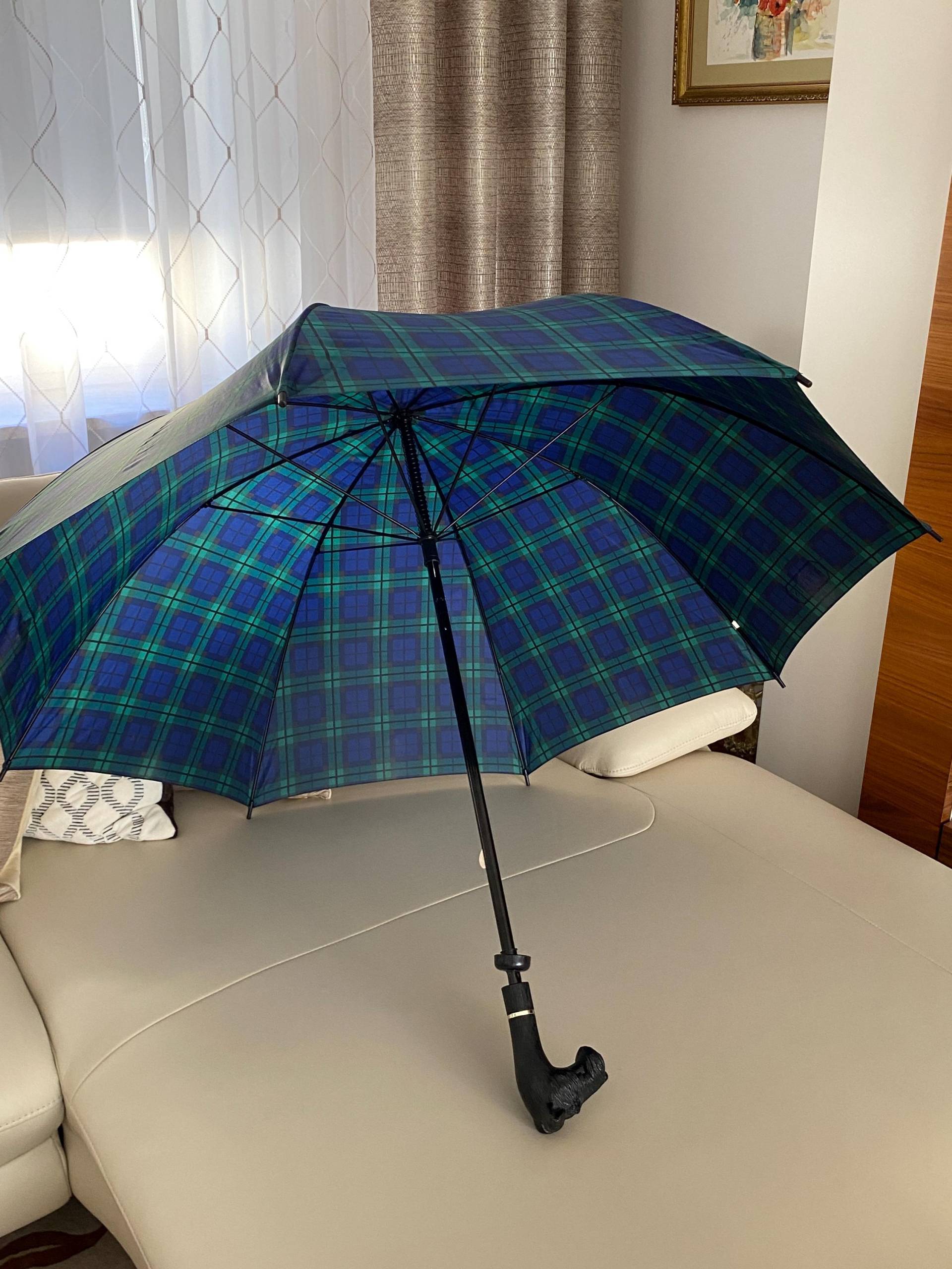 Seltene Vintage Aramis Tartan Karierter Regenschirm Scottish Terrier Scottie Hund Blau Grün Regen Accessoire von EdelweissATvintage