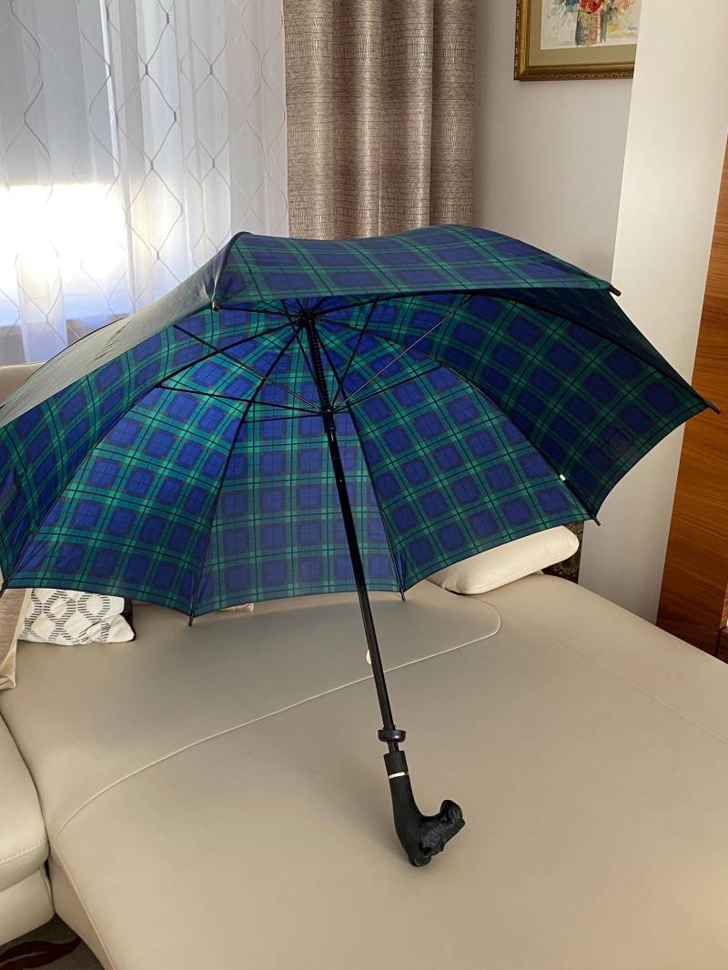 Seltene Vintage Aramis Tartan Karierter Regenschirm Scottish Terrier Scottie Hund Blau Grün Regen Accessoire von EdelweissATvintage