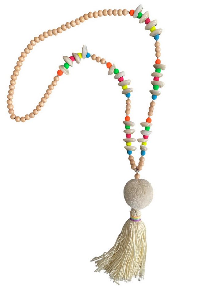 Eden Stone Perlenkette Bunte Mala Kette im Boho-Stil Bommel Holzperlen Muscheln und Federn (1-tlg) von Eden Stone