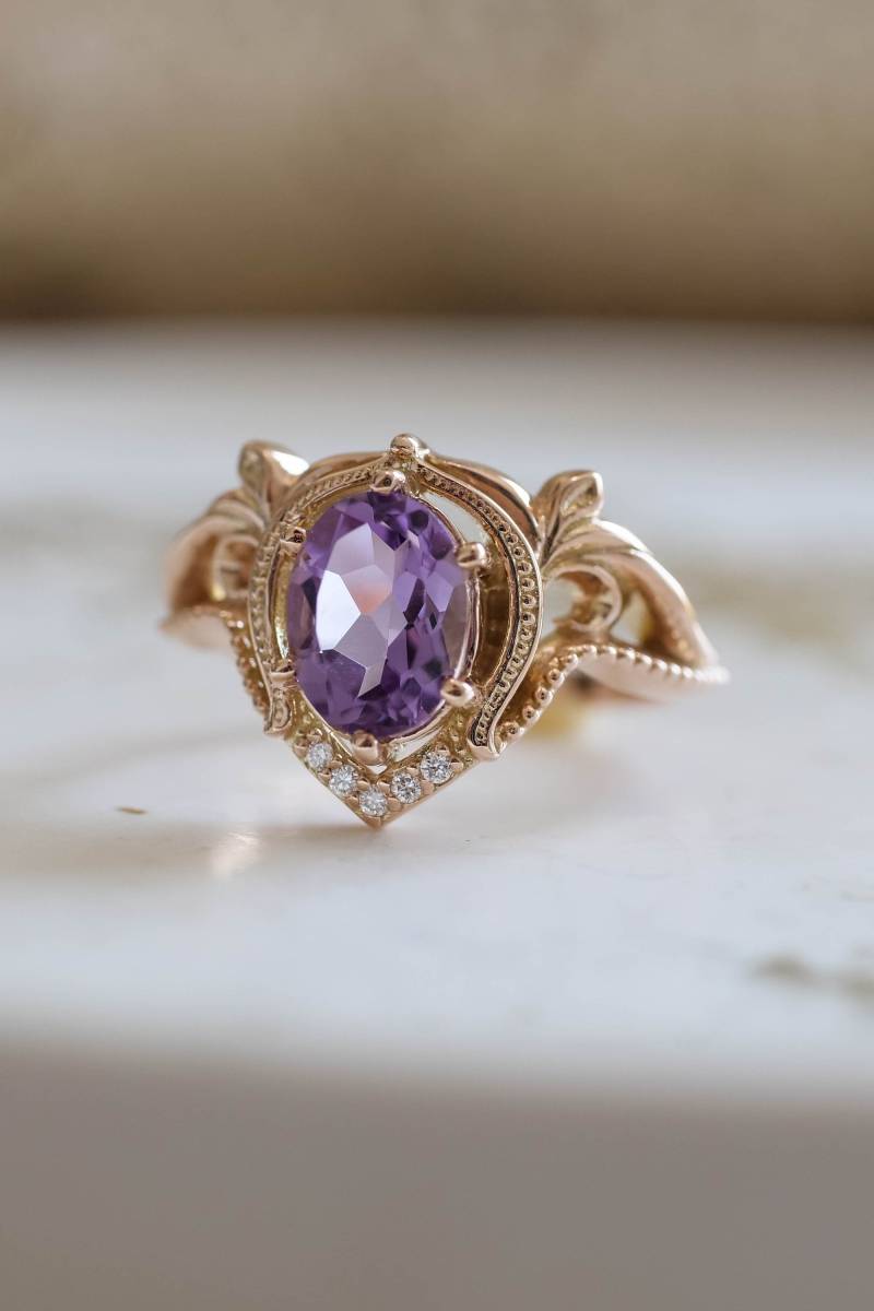 1.5 Ct Oval Amethyst Ring, Natur Inspiriert, Märchen, Purpur Verlobungsring Mit Diamanten, Verzierter Jugendstil Ring von EdenGardenJewelry