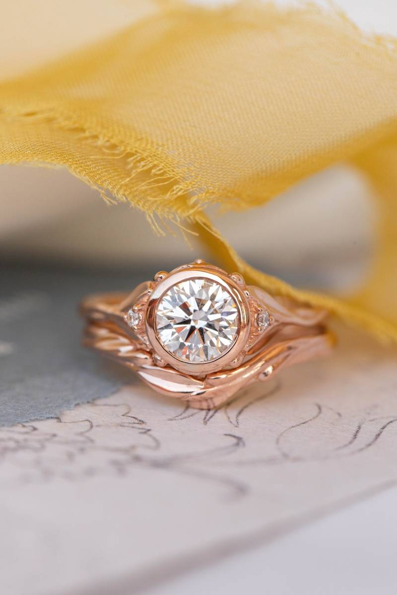 1 Ct Diamant Brautring Set - Naturinspirierte Verlobungsringe, Jugendstil Schnörkelring Mit Ehering in 14K Oder 18K von EdenGardenJewelry