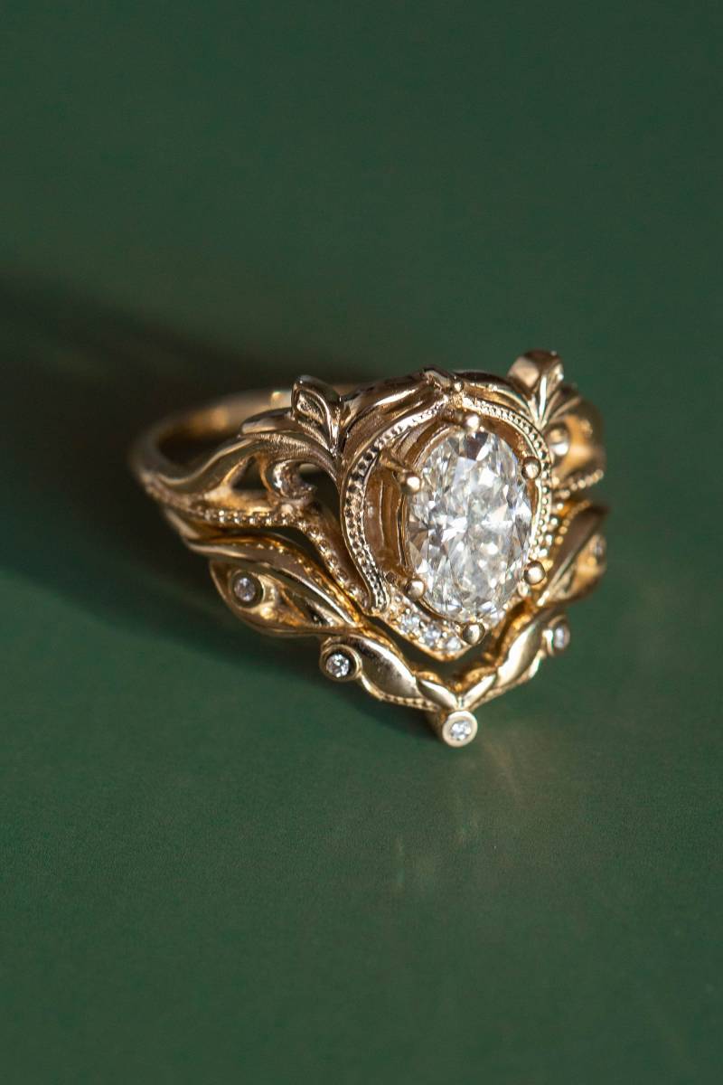 1.10 Ct Diamant Ehering Set - Verschnörkelte Blätterringe, Jugendstil Schnörkelring Mit in 14K Oder 18K Gold von EdenGardenJewelry