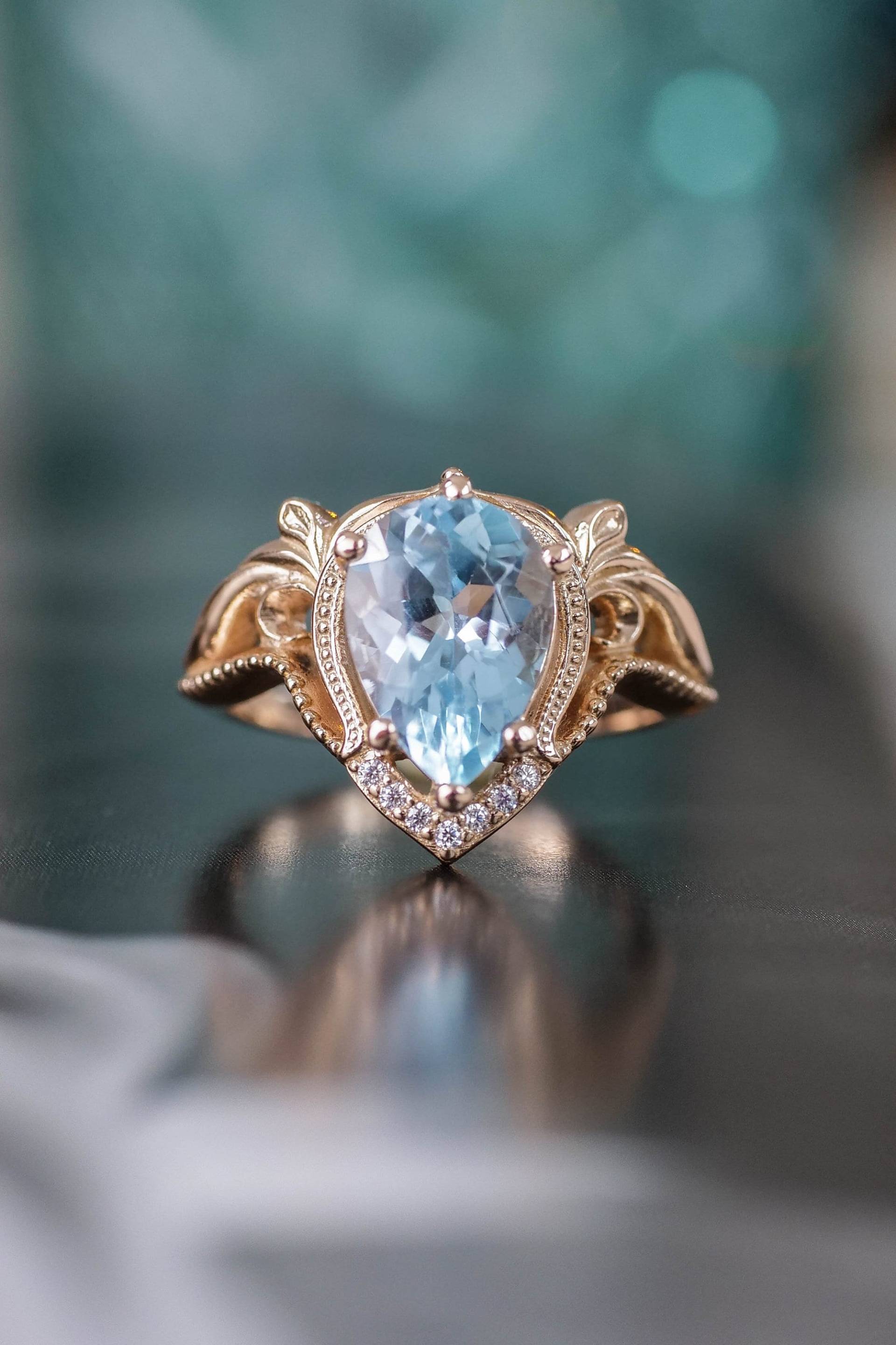 Aquamarin Verlobungsring, Blauer Edelstein Ring, Floraler Ring Zur Verlobung, Elfenring, Weißgold Natürlicher von EdenGardenJewelry