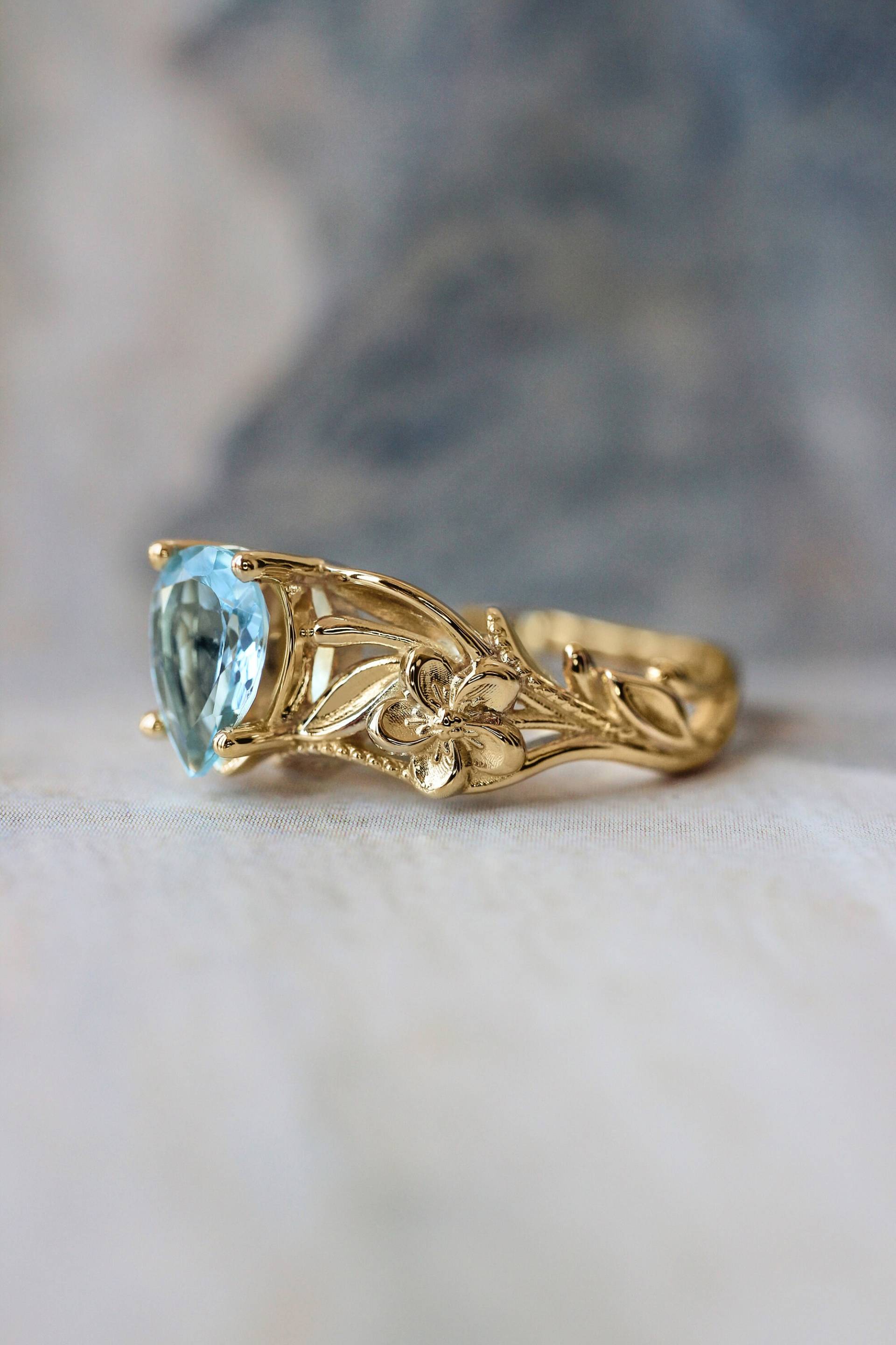 Aquamarin Verlobungsring, Jugendstil Ring, Blumenring Für Frau, Unikatring, 14K Gold, Jubiläumsgeschenk Natur Verlobung von EdenGardenJewelry