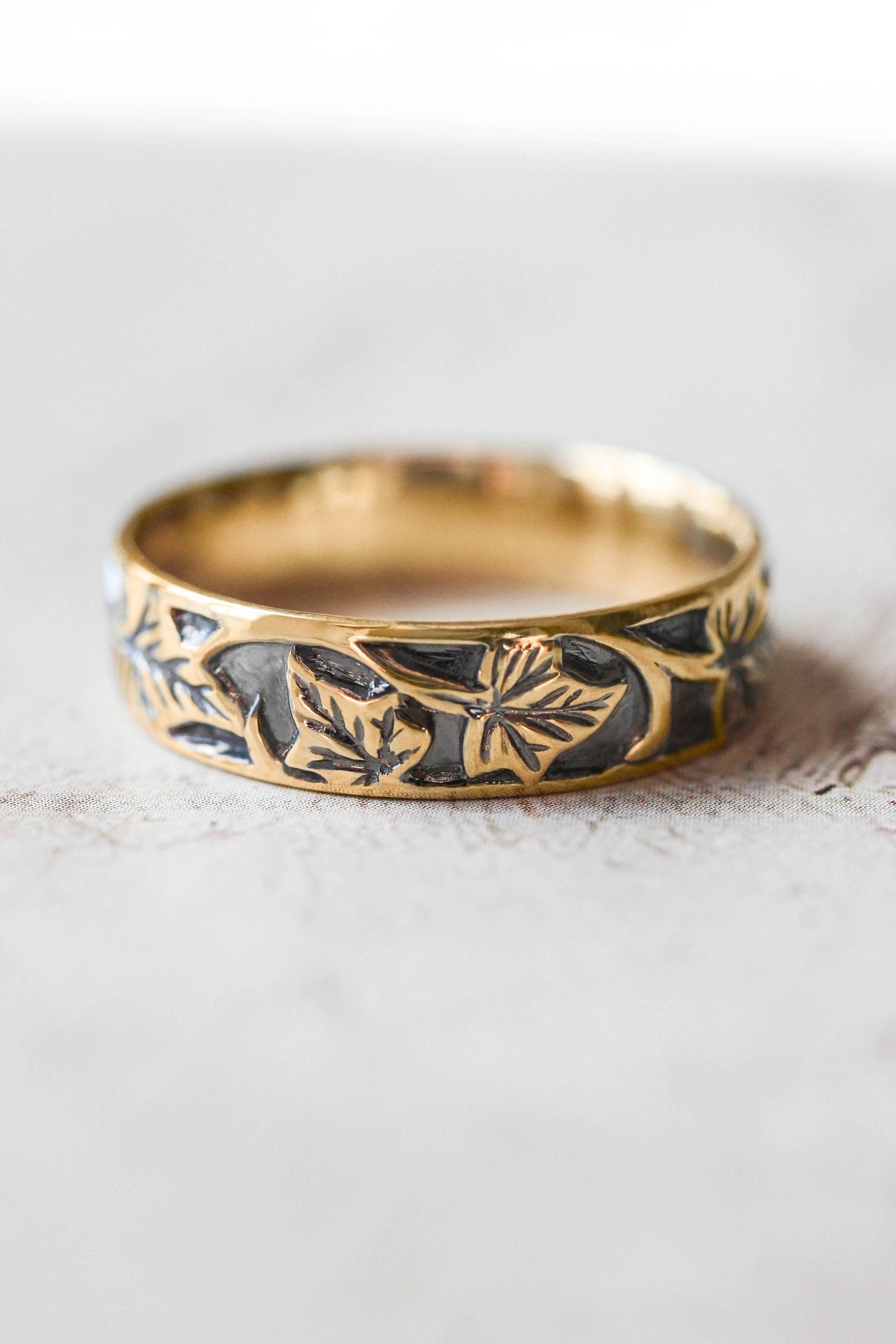 Blatt Ehering Für Mann, Schwarz Und Goldener Ring, Efeublätter 6mm Band, Natur Ehering, Goldring Ihn, Schwarzer von EdenGardenJewelry