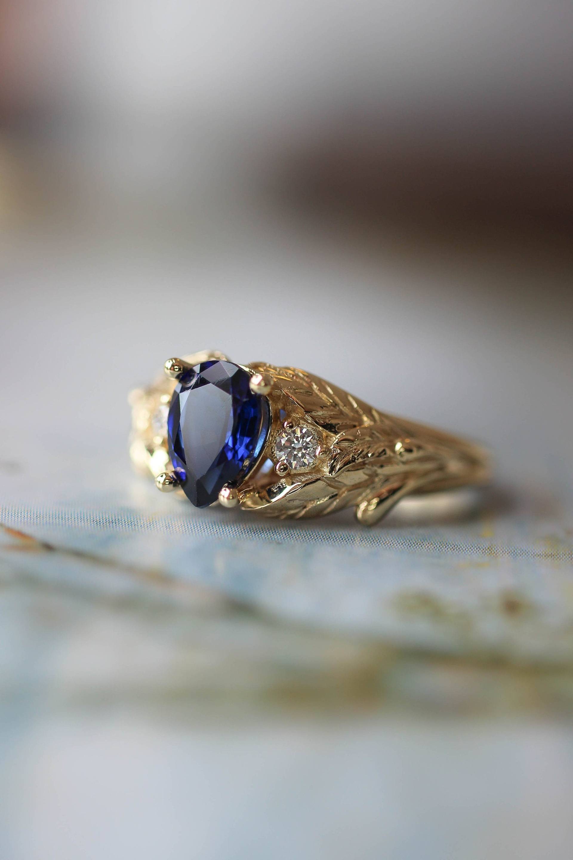 Blauer Saphir Und Diamanten Verlobungsring, Blattring, Natürlicher Diamant, Labrador Saphir, Einzigartiger Ring Für Frau, Naturschmuck von EdenGardenJewelry