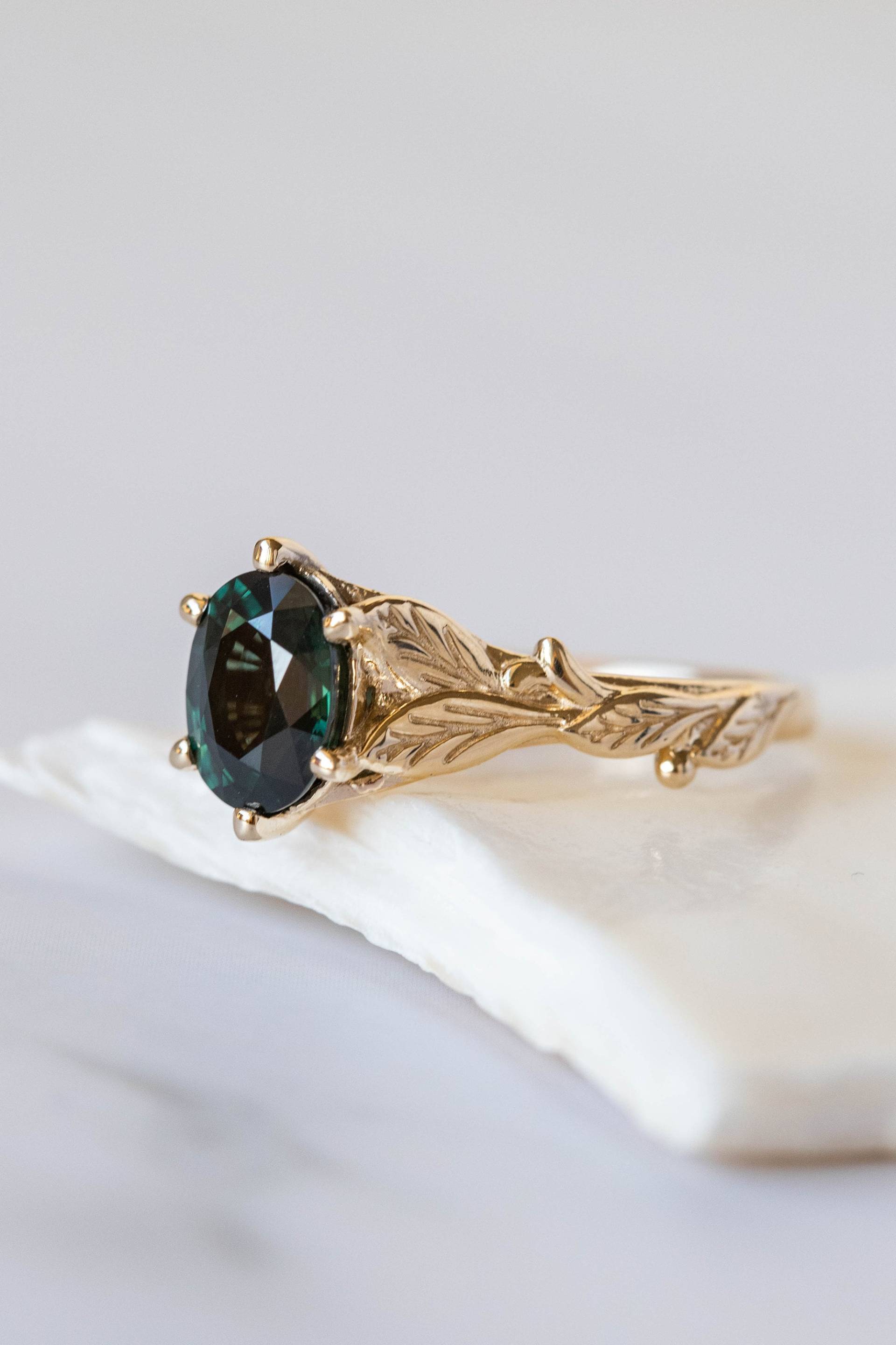 Dunkler Teal Echter Saphir Verlobungsring, Zarte Fantasie Versprechen Blätter Ring, 14K Oder 18K Gold Astring Für Alternative Hochzeit von EdenGardenJewelry