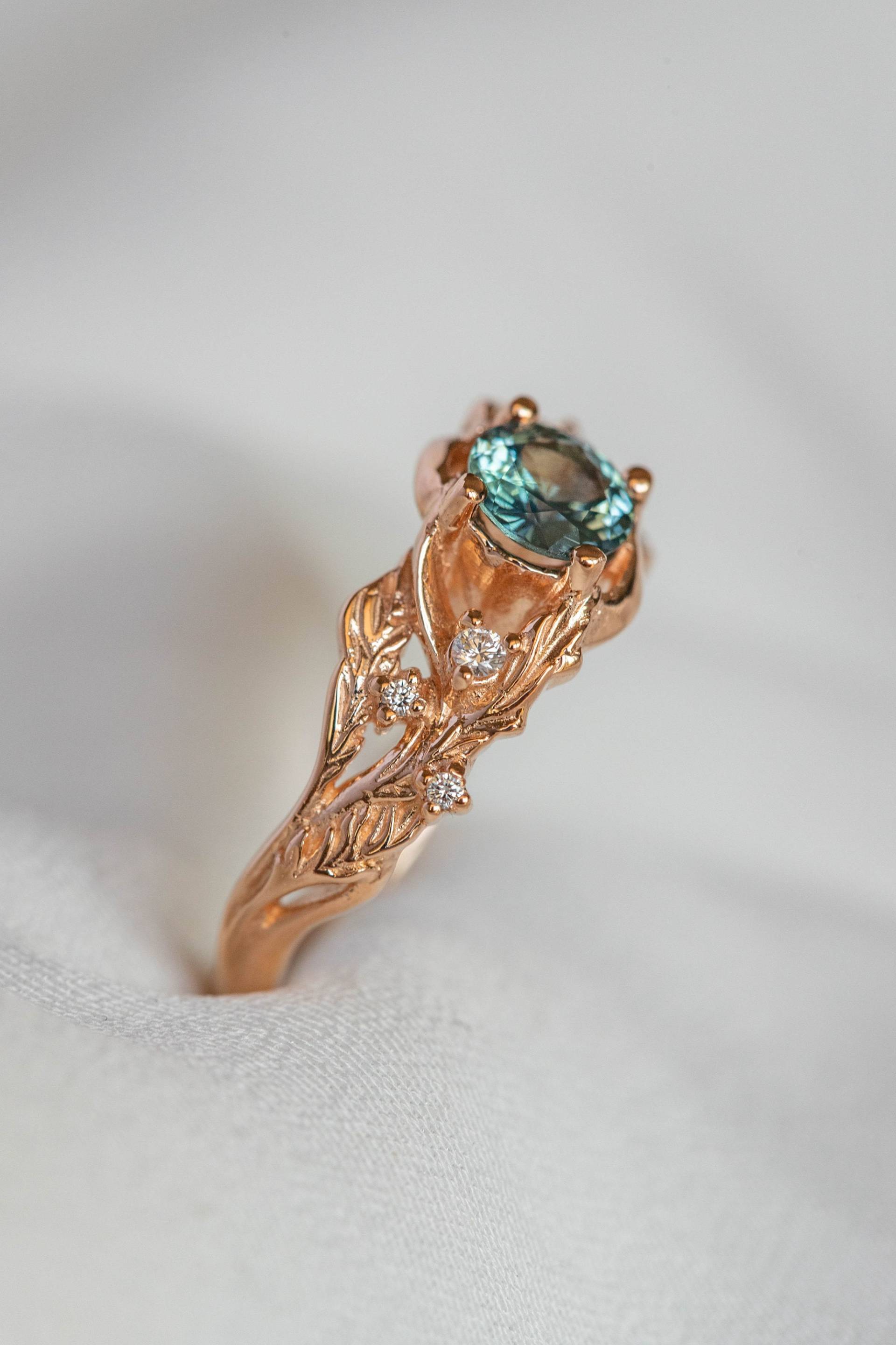 Echter Blaugrüner Saphir Verlobungsring, Gold Blätter Natur Inspiriert Ring Mit Diamanten in 14K Oder 18K Gold, Elfenwald Hochzeit, Roségold von EdenGardenJewelry