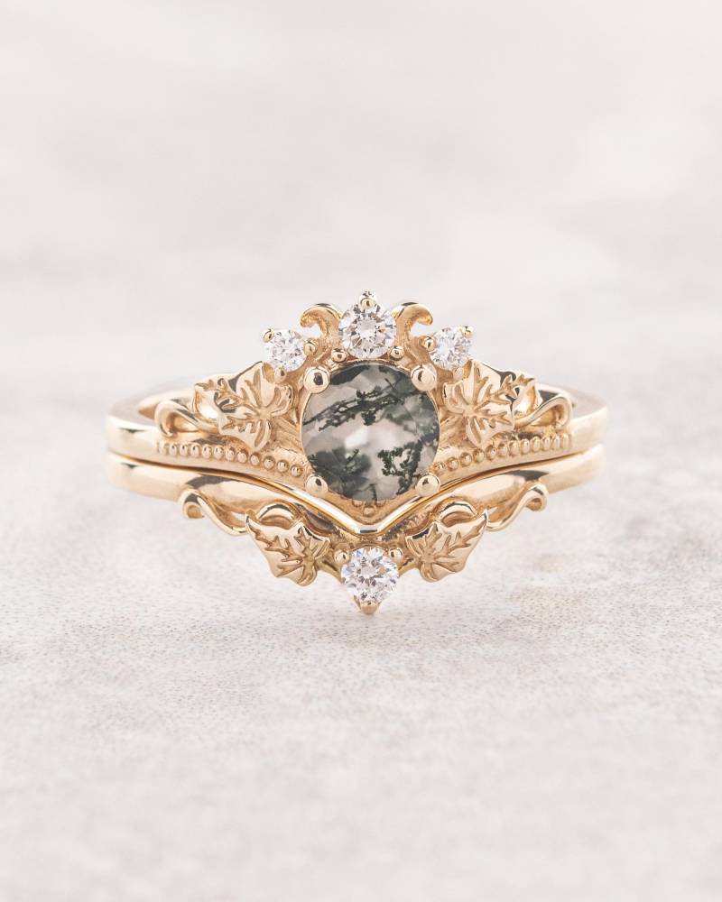 Efeublatt & Moosachat Ring Set, Verlobungsring Laubblätter Ehering Diamant, Brautring 14K/18K Gold von EdenGardenJewelry