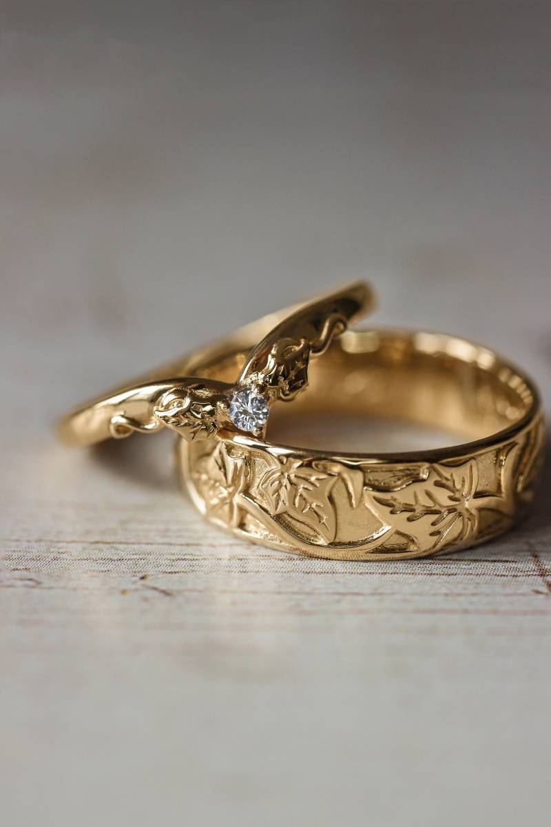 Eheringe Set Für Sie Und Ihn Mit Diamant in 14K/18K Gold, Natur Inspirierte Efeublatt Trauringe, Paarringe Set, Goldringe Paare von EdenGardenJewelry