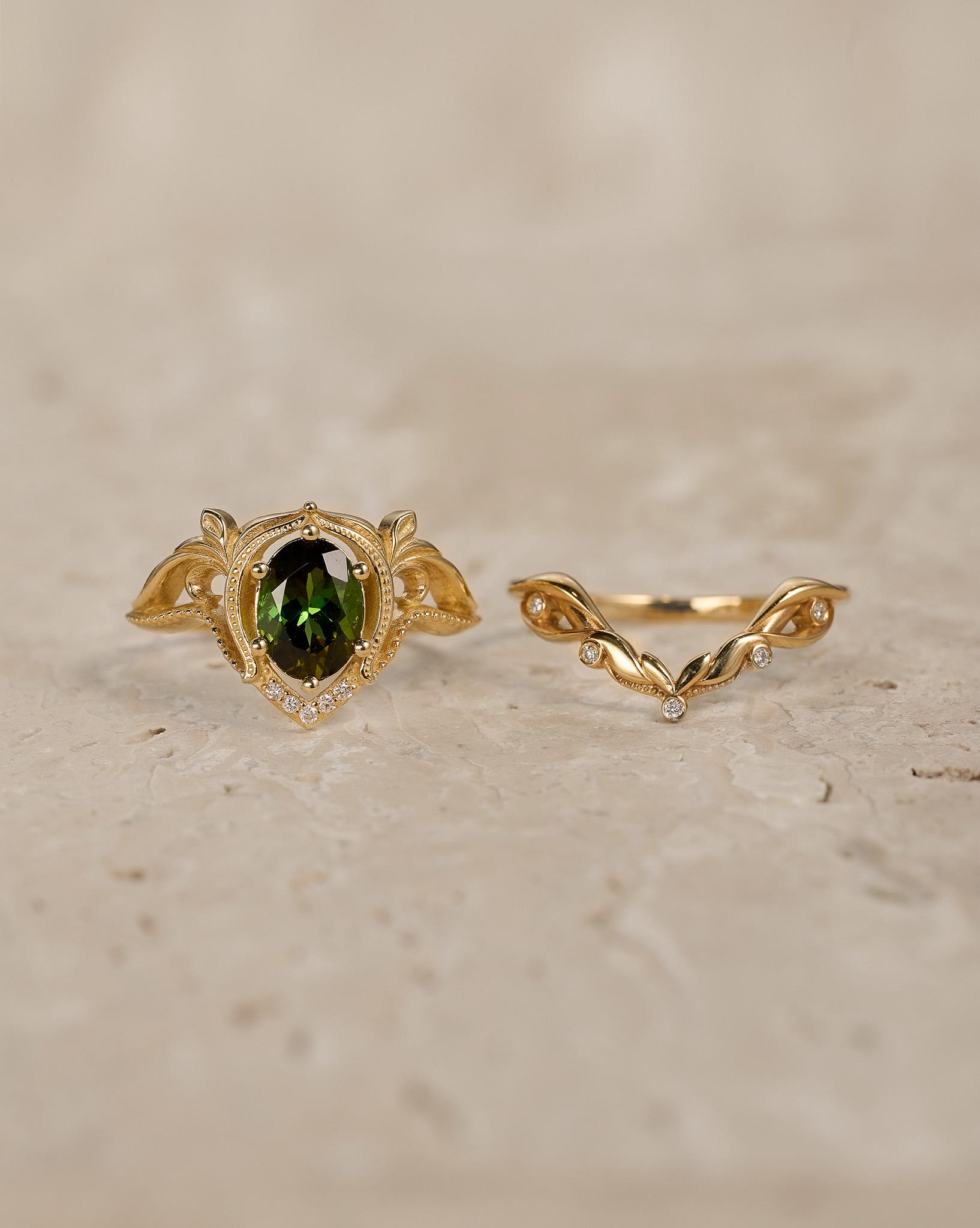 Grünes Turmalin Verlobungsring Set, Jugendstil - Diamanten von EdenGardenJewelry