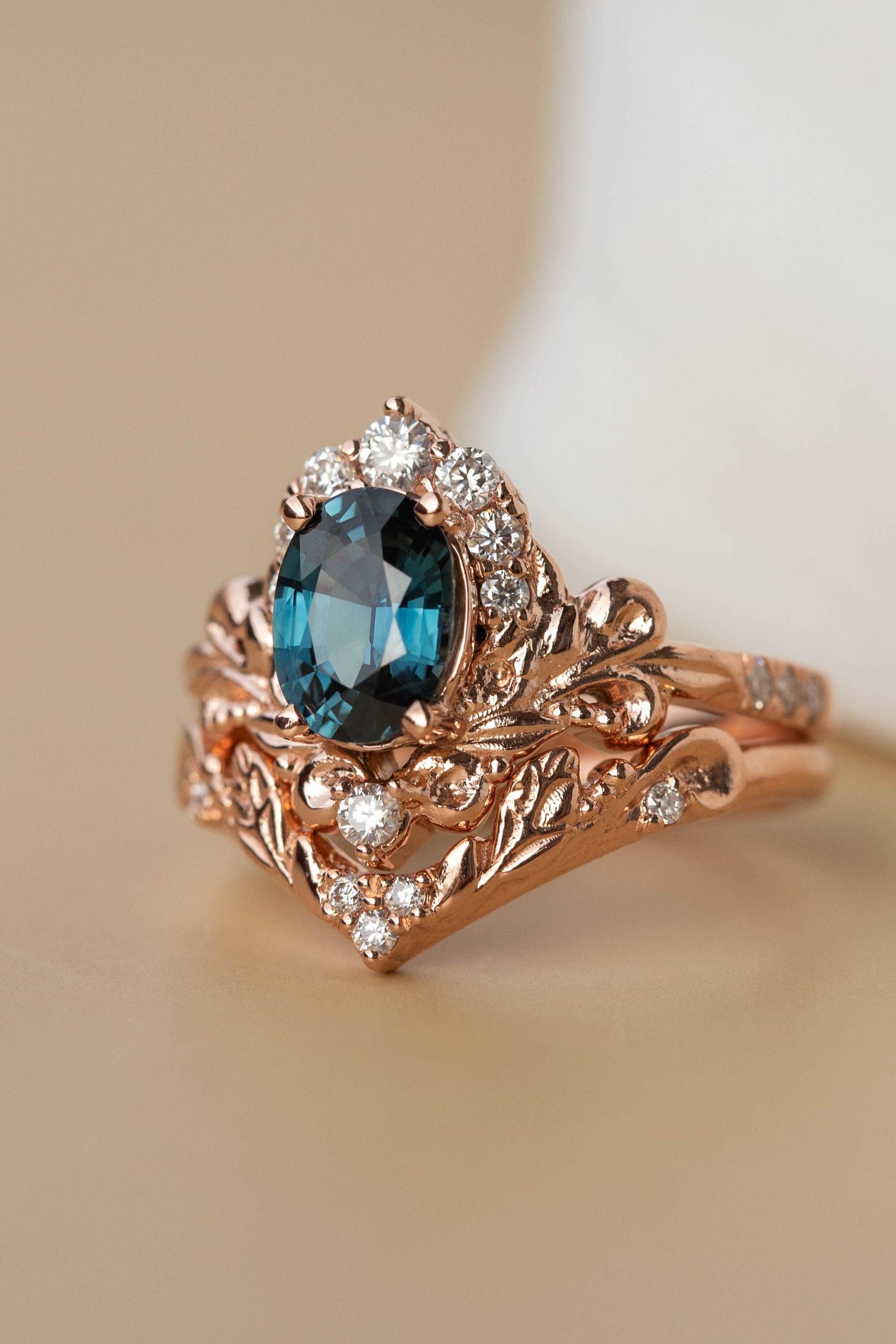 Halb Halo Diamant Verlobungsring Set, Saphirring Mit Diamanten, 2stk Brautring Barock Inspirierte Verlobung in 14K/18K Gold Halb Halo Diamant Verlobungsring Set, Saphirring Mit Diamanten, 2stk Brautring Barock Inspirierte Verlobung in 14K/18K Gold von EdenGardenJewelry